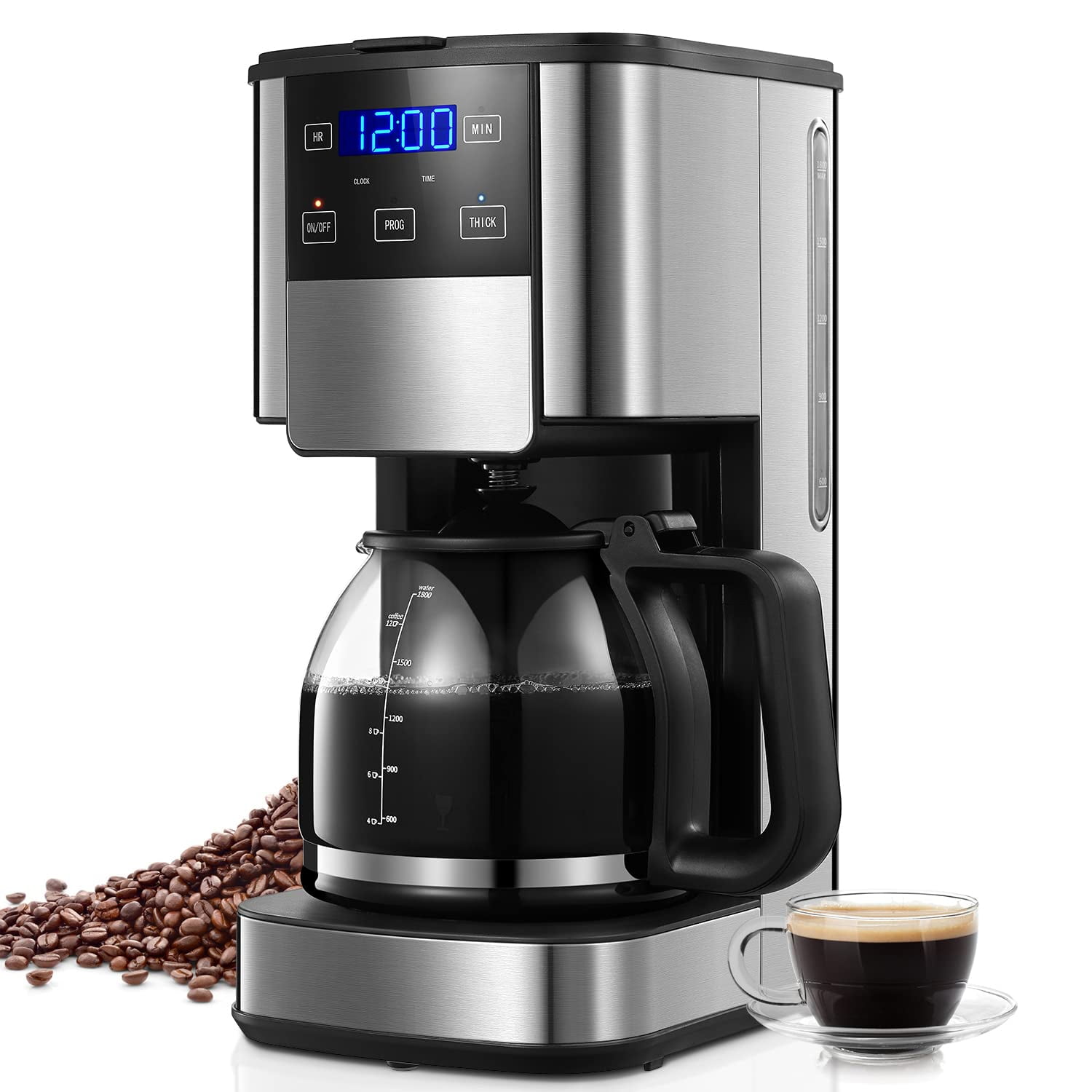 Teglu Coffee Maker with Grinder 12 Cups, Programmable Grind and Brew Coffee Machine with Warming Plate, Automatic Drip Coffee Pot with 60 oz Glass