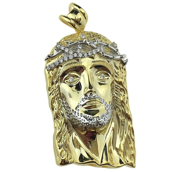 14K Gold Plated over Real 925 Sterling Silver Jesus Head Pendant 1.75" Inch Tall Handmade Italy