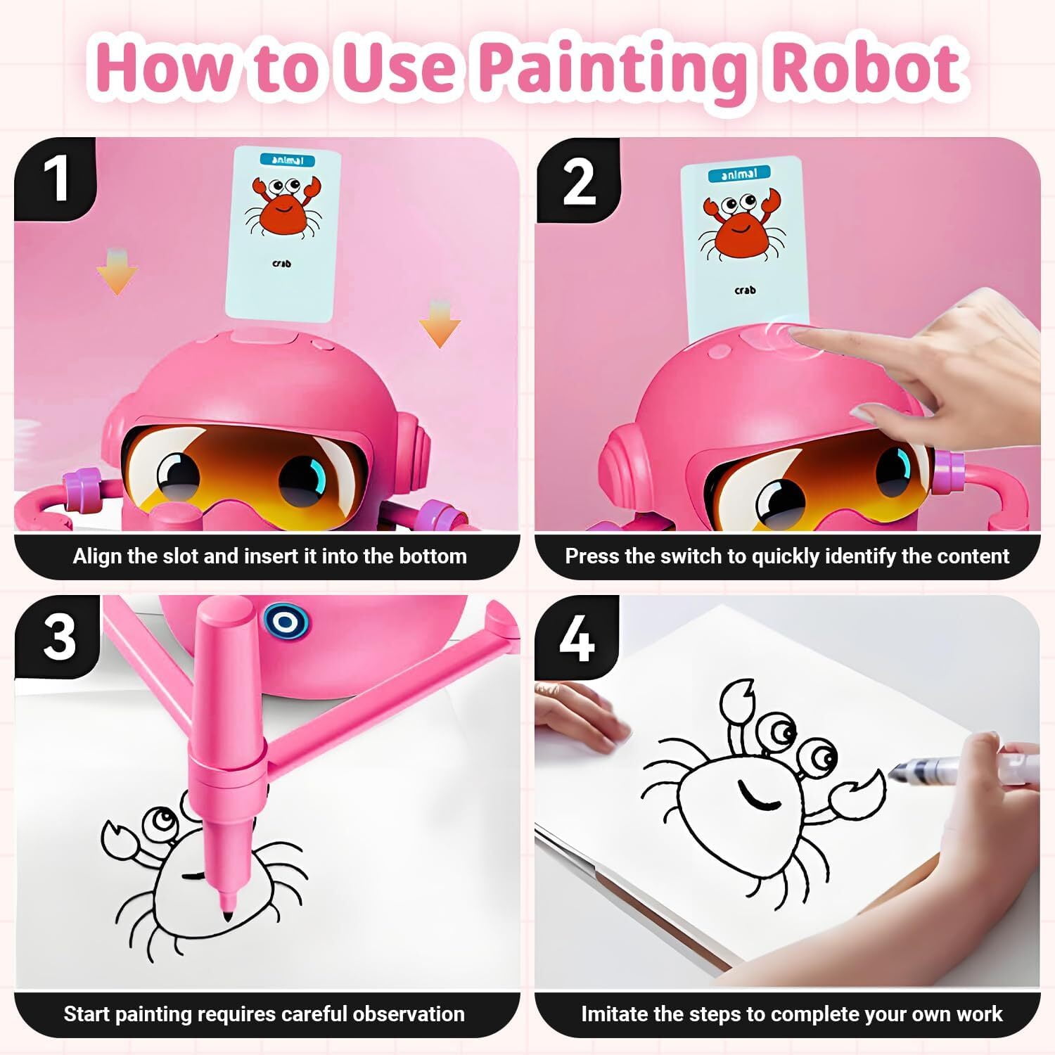 Drawing Robot for Kids, with 100 Word Cards, Voice Interactive Educational Drawing Machine, Montessori Painting Learning Toys for 3-8 Year Old Boys Girls Birthday Party,Pink