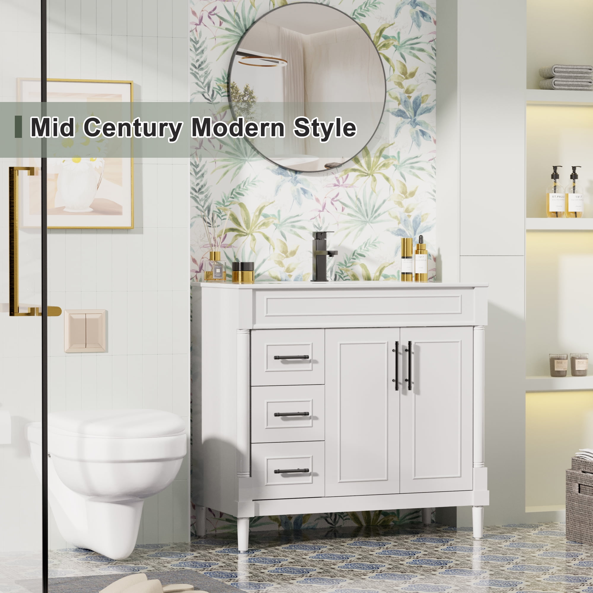 36" Freestanding White Bathroom Vanity with Ceramic Sink Top, Faucet, Classic Tapered legs