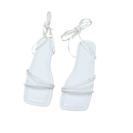 

Summer Saving Clearance! Kukoosong Flat Sandals for Women Casual Fashion Party Sandals Open Toe Side Lace-Up with Style Flat Women s Sandals White 41