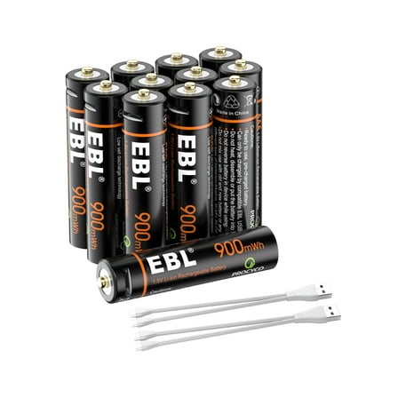 EBL AAA Lithium-Ion Batteries Rechargeable 900mWh 1.5V AAA Battery with 2 in 1 USB Charging Cable, 12 Counts