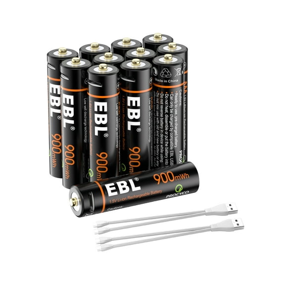 EBL AAA Lithium-Ion Batteries Rechargeable 900mWh 1.5V AAA Battery with 2 in 1 USB Charging Cable, 12 Counts