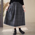 thumbnail image 4 of IWRICH Women's Vintage Plaid Pleated Wool Skirt Elastic Waist A-Line Midi Long Swing Skirt with Pockets Grey L, 4 of 9