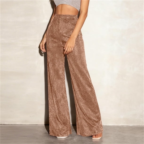 Pincandy Women's Solid Color Fashion Elastic Waist Silver Thread Wide Leg Pants, Loose Fit, Casual & Daily Wear