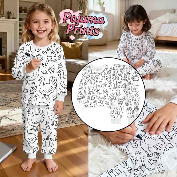 Letdown DIY Doodle Outfits Set Boys Girls Long Sleeve Crewneck Sweatshirt Tops Pants Cozy Cute Cartoon Character Loungewear Colouring Pajama Sets