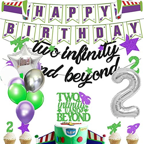 HEETON Two Infinity and Beyond Banner and Buzz Cake Topper Light year Toy Inspired Story 2nd Birthday Balloons Party Supplies Decoration Photo Prop fo