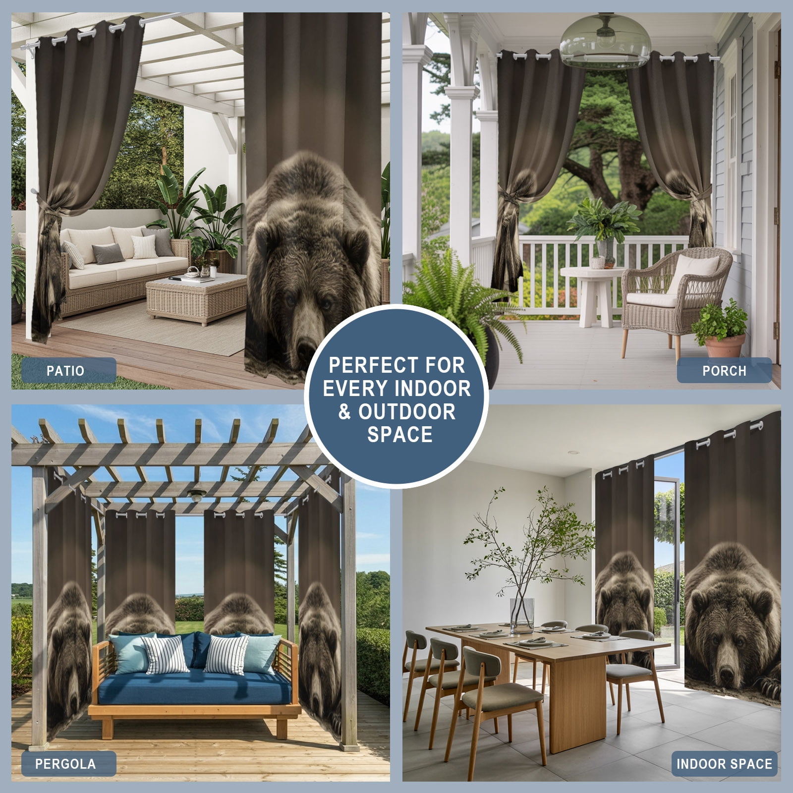 Brown Bear Outdoor Curtains for Patio, Forest Wildlife Animal Rustic Sunshade Privacy Drapes Grommet Waterproof Outside Curtains for Porch/Cabana/Balcony 54"x 108", 1 Panel