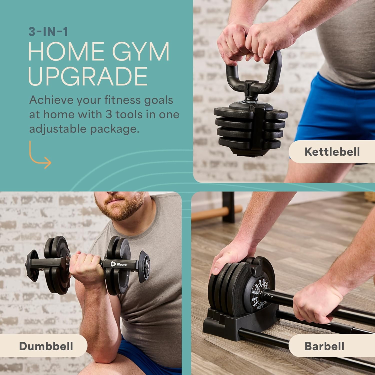 LifePro Adjustable Dumbbells Set with Quick Dial Weight System 2–43 lb Adjustable Dumbbells, Kettlebell & Barbell Combo for Home Gym Strength Training