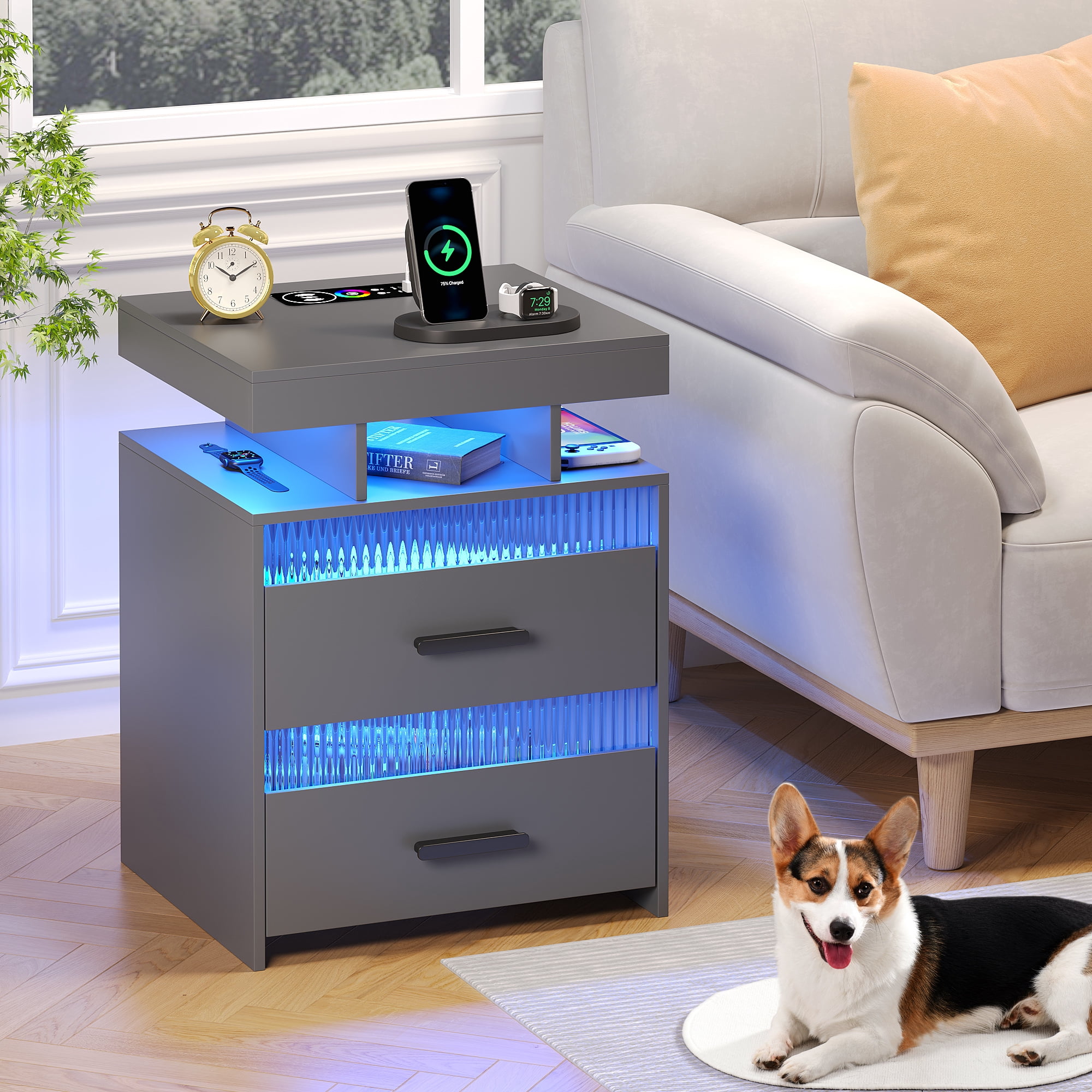 VKCC RGB LED Nightstand with 2 Drawers & Charging Station, Modern Bedside Table for Bedroom Living Room, Grey