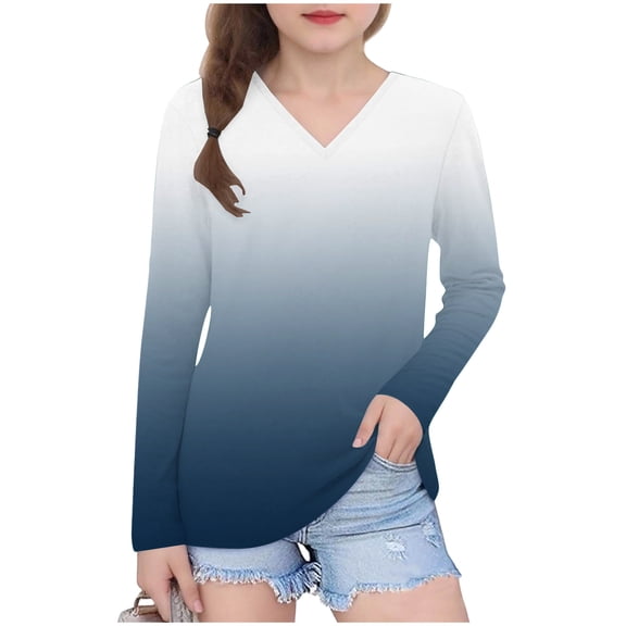 Khunlpohl Kids Long Sleeve Shirts V Neck Casual Trendy Tops Comfortable Tunic Pullover Blouses for Girls 3-14 Years