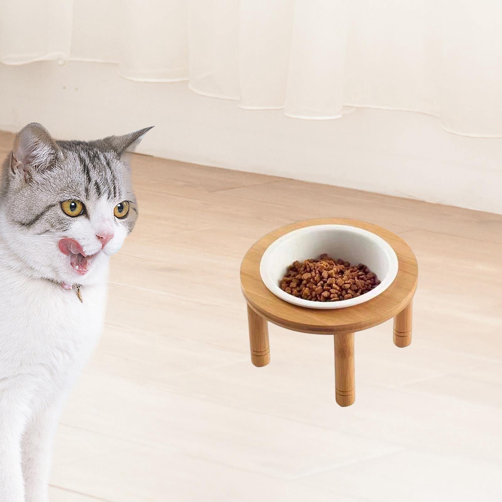 Serenable Elevated Cat Bowl Bamboo Wood Stand Raised Dog Bowl Ceramic Feeding Bowl Whisker Friendly Food Water Dish Removable Easy to Assemble Suitable for Pet Household 16.2cmx16.2cmx8.8cm