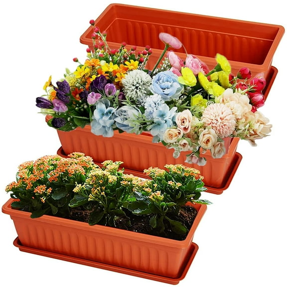 Set of 3, Window Box Flower Pots with Saucer, 17 Inches Plastic Rectangular Planters,for Windowsill,Patio, Garden, Home Decor, Porch，Indoor and Outdoor Flower Boxes for Windowsill