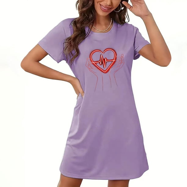 Camisón corto de San Valentín para mujer, talla grande, estampado en el pecho, cuello redondo, manga corta