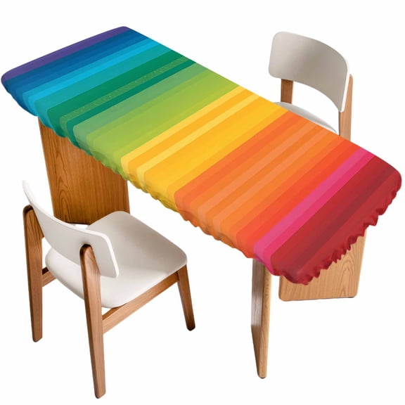 Rainbow Striped Table Cloths for 8 Foot Rectangle Tables, Colorful Gradients Modern Abstract Art Patio Waterproof Elastic Fitted Tablecloths, Washable Rectangular Table Cover for Camping