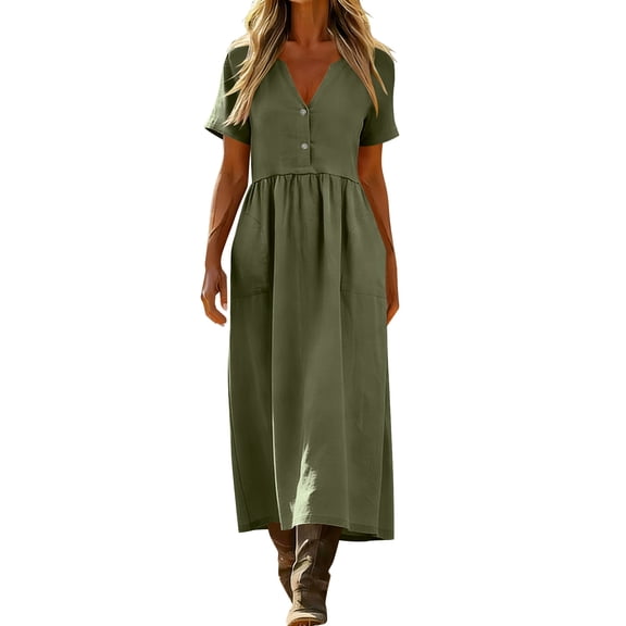 Kvture Summer Cotton Linen T Shirt Dress for Women Casual Loose Dresses V Neck Button 3/4 Sleeve Maxi Dresses with PocketsArmy Green