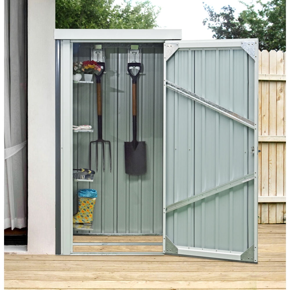 Hanover Patio Storage Shed | Galvanized Steel | Twist Lock and Key | 2 Tool Hooks | 3-Ft. x 3-Ft. x 6-Ft. | Dark Gray / White | HANPATSHD-GW