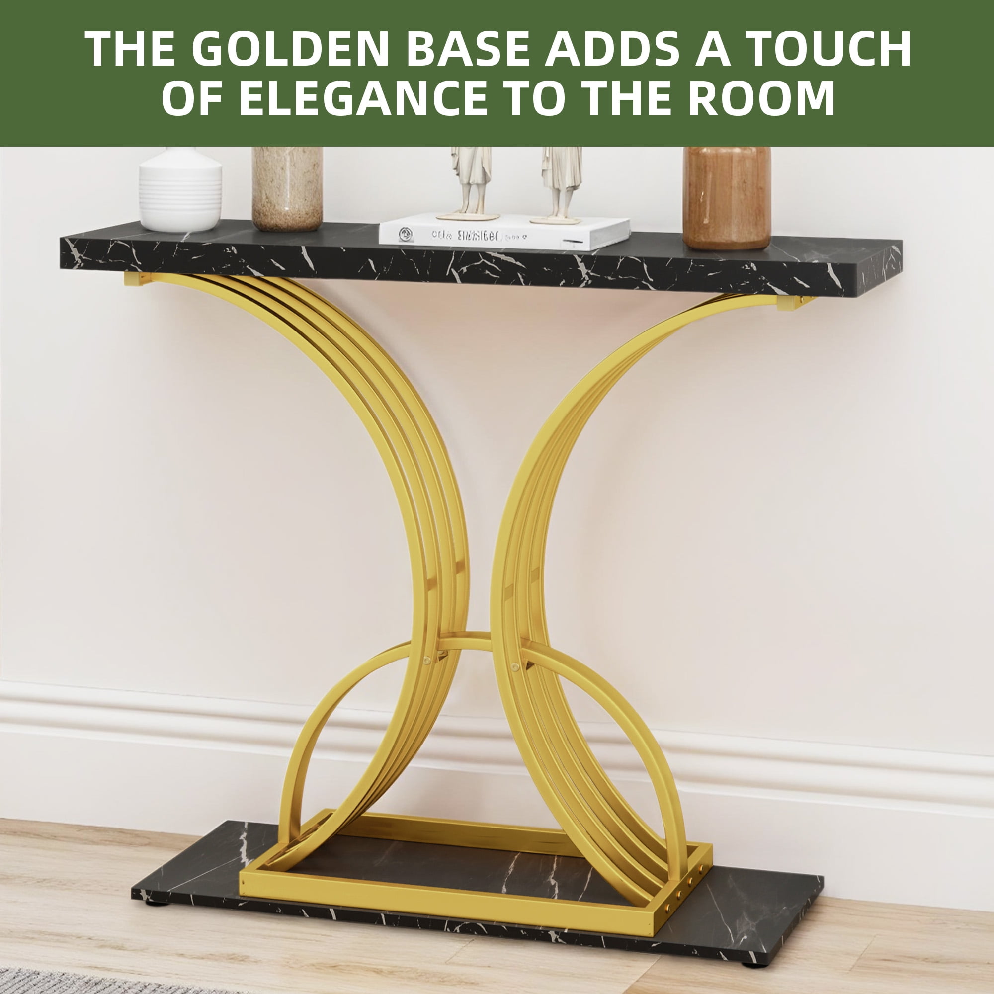 Uforic Luxury Console Entryway Table with Metal Base, Sofa Side Table, Black & Gold