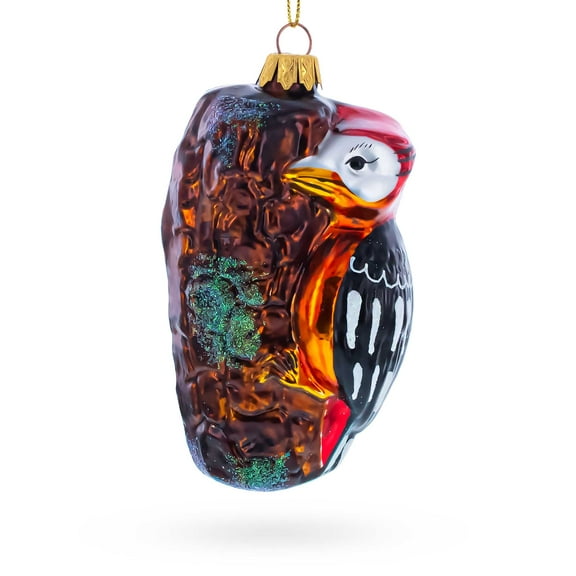 Red Headed Woodpecker Perched On Bark Glass Christmas Ornament