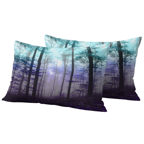 Teal Purple Forest Outdoor Pillow Covers 20"x12" Set of 2, Waterproof Throw Pillow Covers for Patio Furniture, Vintage Foggy Woods Tree Decorative Cushion Pillowcases for Garden Porch Couch Sofa