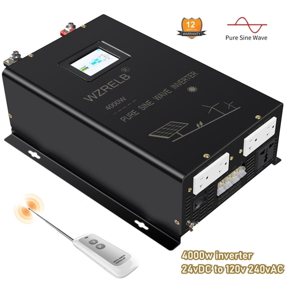 WZRELB 4000W 24V Pure Sine Wave Inverter, 24V DC to 120V/240V Split Phase Power Inverter, 8KW Surge, 5 AC Outlets, AC Hardwire Terminal, High Efficiency up to 91.6%, Wireless Remote