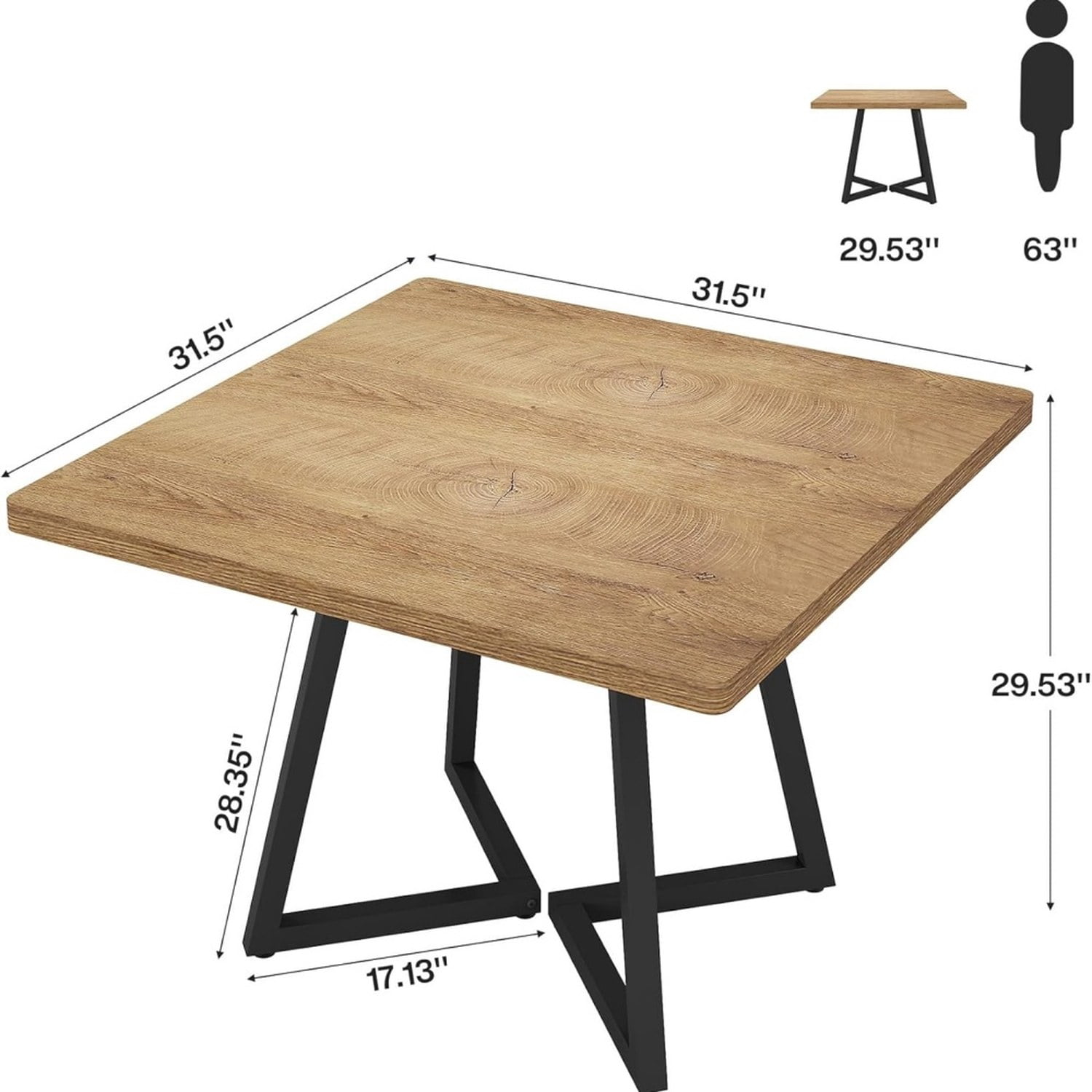 Square Dining Table, Industrial Style, Vintage Brown Wood with Black Metal Frame, 31.49 in W x 31.49 in D x 29.52 in H