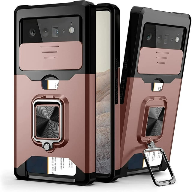 KOMI Compatible for Google Pixel 6 2021 Case with Camera Cover & Kickstand, Slide Lens Cover+Rotate Ring Stand+Card Holder, Impact-Resistant, Full Protect for Google Pixel 6 Rose Gold