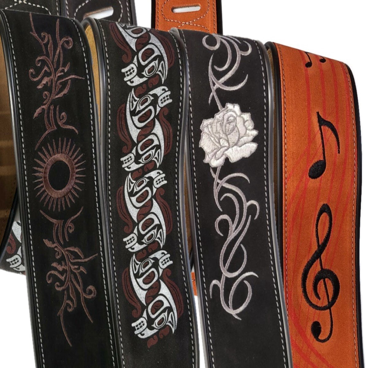 Leather Strap Acoustic Electric Guitar Bass Black Brown Notes Wide Thick Padded Black Suede Tribal Horse
