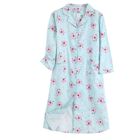 GLOBAL Pajama Nightgown for Women Long Sleeve Button Down Nightwear Boyfriend Nightdress 100% Cotton Sleepshirts Green Floral M