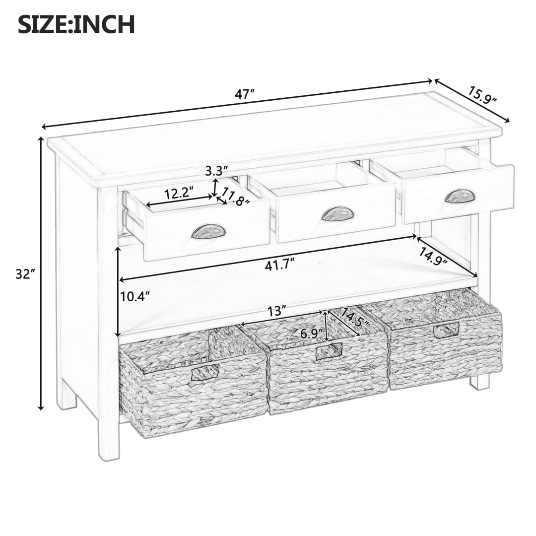 47" Retro Console Table with 3 Storage Drawers, Entryway Table with 3 Water Hyacinth Woven Baskets and Shelf, Wooden Buffet Cabinet for Entryway Hallway Living Room, Espresso