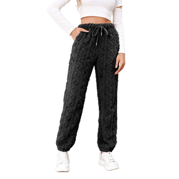 Gibobby Pantalones para mujer deportivos Pantalones de chándal de forro polar peludo para mujer, pantalones de forro polar con cordón grueso y cálido para invierno(Negro,XG)