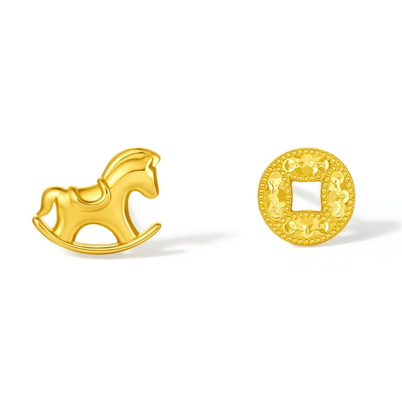 ZHOU LIU FU 24K Gold Stud Earrings Asymmetric Lucky Horse Copper Coin Party Gift for Women A0923022