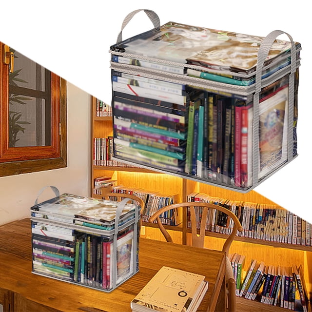 Gran Contenedor de Almacenamiento de Libros Transparentes | Organizador de plástico con cremallera y asa | Caja plegable transparente para libros, ropa, juguetes | Recipiente doméstico resistente al