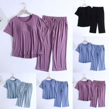 Paiwinds Women s Short Sleeve Pajama Set with Built-In Bra Pads Soft Modal Cotton Polyester Blend Calf-Length Pants for Summer Comfort Cool Covered Feel