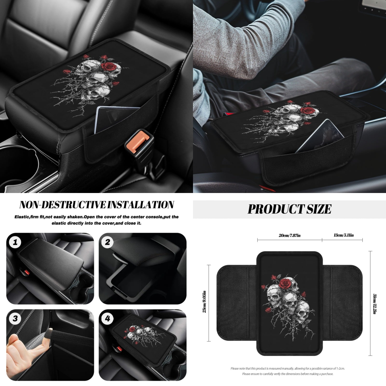 Jeiento Skull Car Seat Covers Set with Steering Wheel Cover Seat Belt Pads Garbage Bag Rose Armrest Cover Handbrake Cover Set Rear View Mirror Protector Coasters Auto Accessory Fit for SUV Van Truck