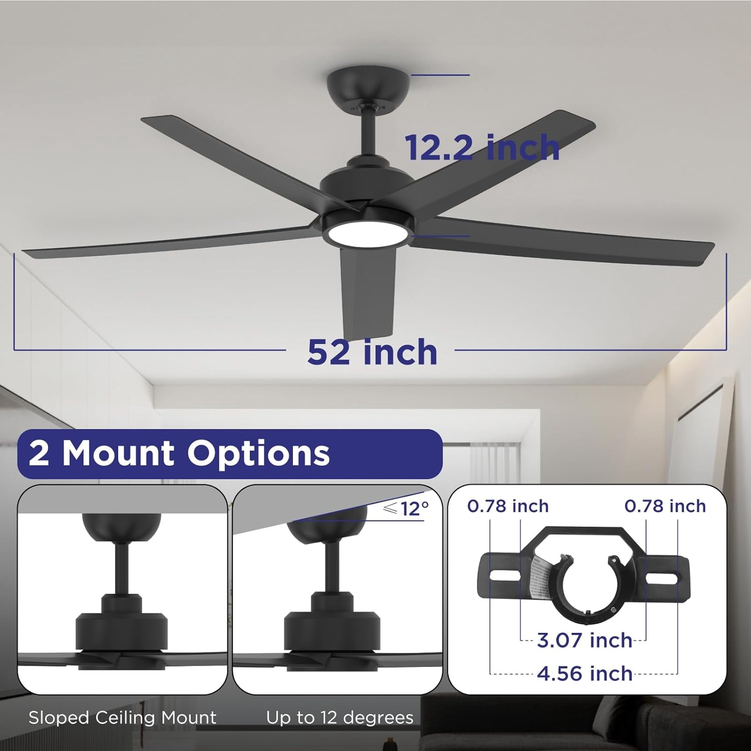 52 Inch Black 5-Blade Modern Ceiling Fan, 3CCT Dimmable LED Light, Reversible DC Motor, Wireless Remote & 2/4/8H Timer for Living Room Bedroom Kitchen
