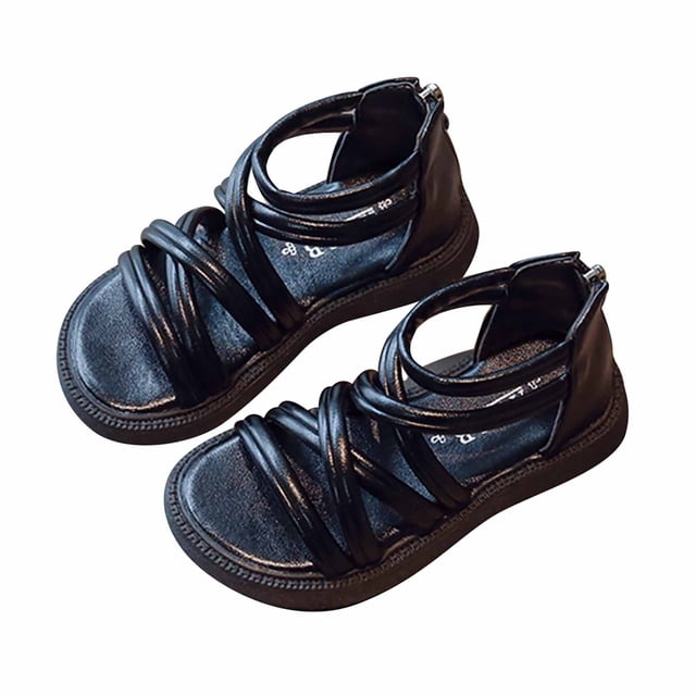 Girls Gladiator Sandals Open Toe Cross Straps Solid Color Back Zipper Soft Sole Non Slip Comfortable Breathable Summer Leather Strap Sandals for 2-11 Years Black