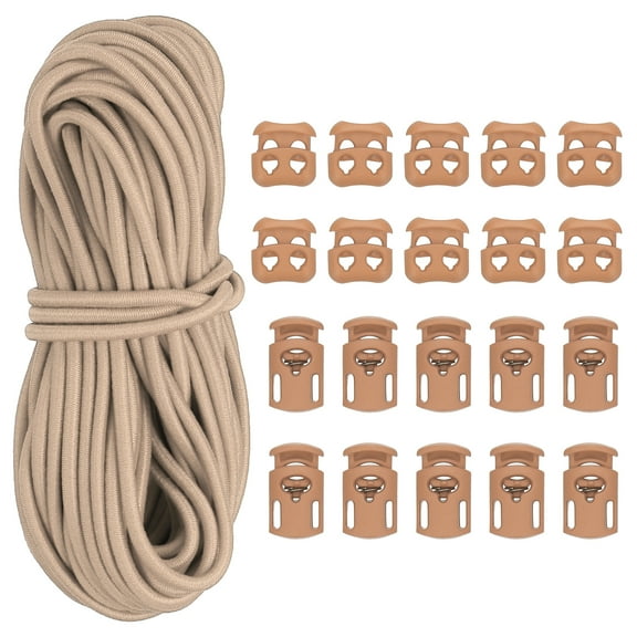 16 Yard Elastic Bungee Cord & Single Hole Cord Lock & Double Hole Spring Toggle Stopper, Khaki 21 Pack