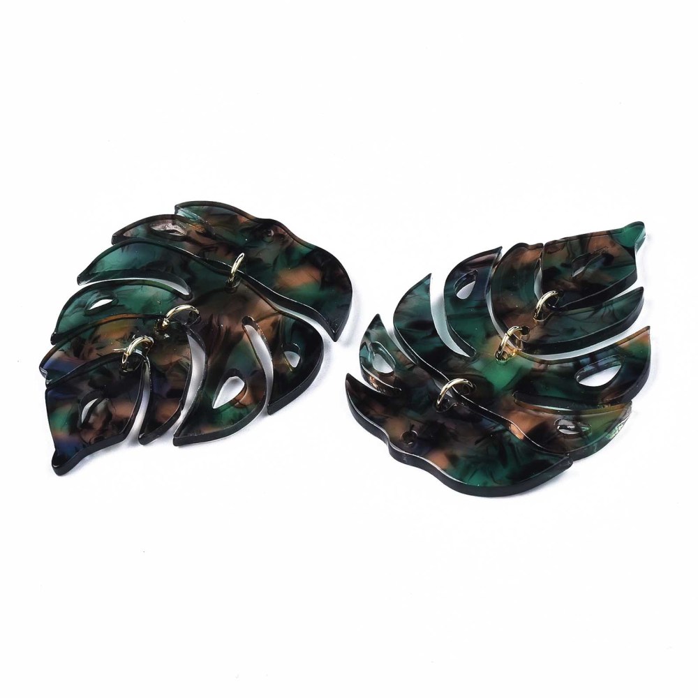 Cellulose Acetate(Resin) Big Pendants with Light Gold Plated Brass Loops Leaf Medium Sea Green 62x41x2.5mm Hole: 1.4mm Jump Ring: 6.5x1mm 5mm inner diameter