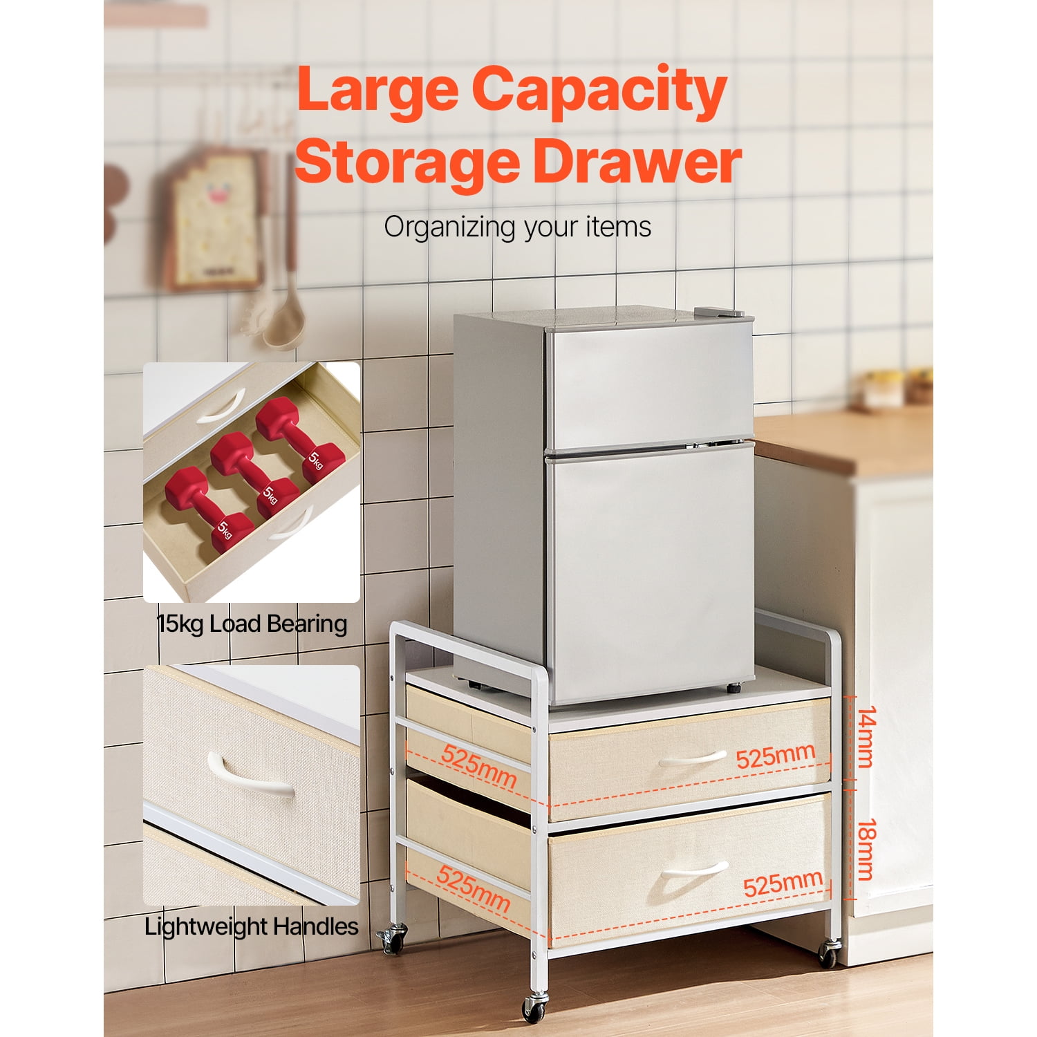 KFFKFF Compact Refrigerator Stand with Storage, Supports up to 176 lb, Compact Refrigerator Table with 2 Storage Drawers & 4 Movable Wheels, Portable Compact Refrigerator Shelf