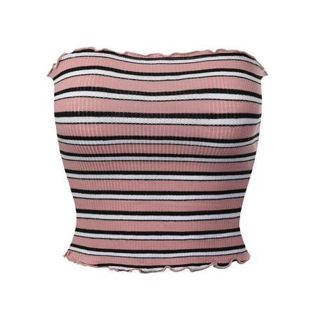 MixMatchy Women's Stripe Knit Cropped Lettuce Edge Tube Top