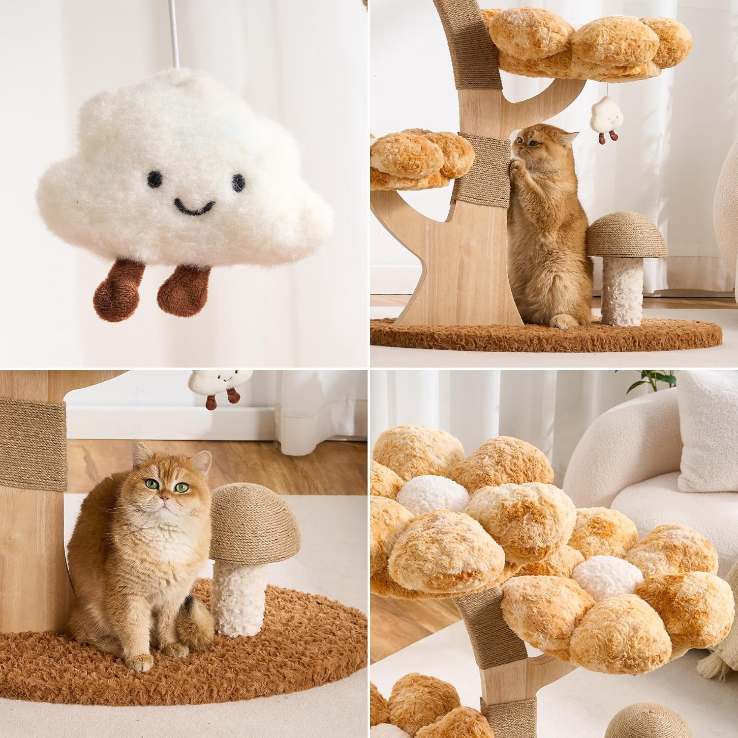 Modern Cat Tree Tower for Indoor Cats Large Adult, 37 inch Flower Cat Tree with Scratching Post, Luxury Aesthetic Cat Tree with Cloud-Soft Flower Perches and Physical Mouse-Sound Hanging Toy