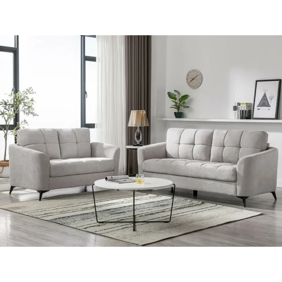 Modern Sofa Set 2pc Sofa Loveseat Tufted Light Gray Fabric Upholstered Stylish Comfortable Living Room Furniture