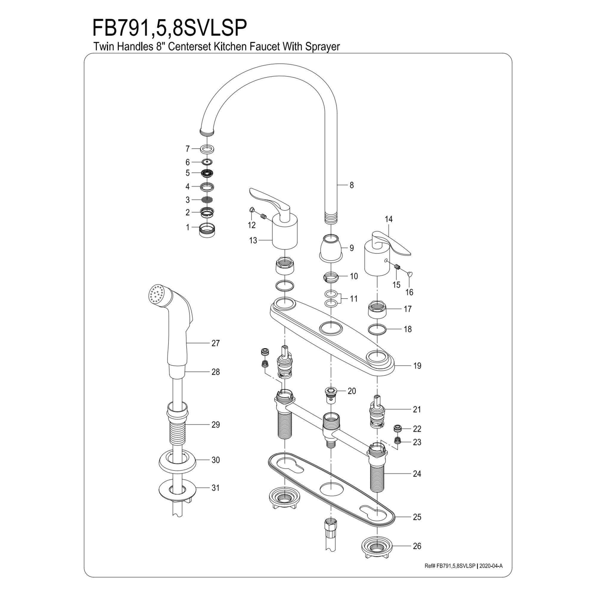 Kingston FB791SVLSP Serena Two-Handle 4-Hole 8" Centerset Kitchen Faucet with Side Sprayer in Polished Chrome