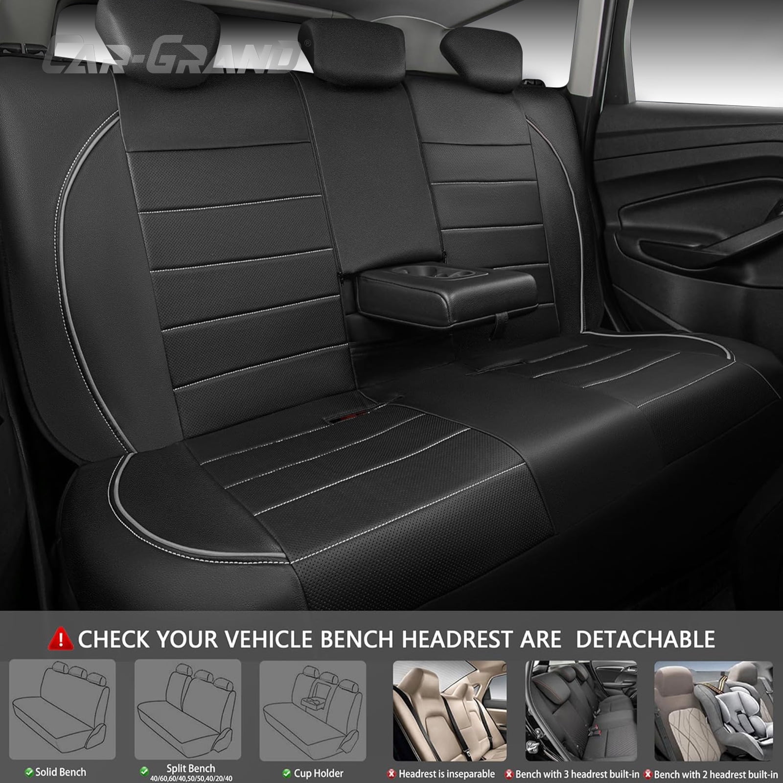 CAR GRAND Faux Leather car seat covers full set breathable universal fit airbag compatible car, SUV, truck and van Gray