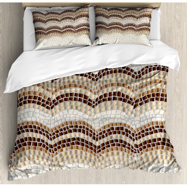 Beige Duvet Cover Set King Size, Gradient Colored Mosaic Waves Setting