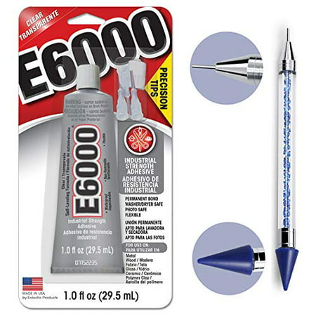 Bundle - E6000 1.0 Ounce (29.5mL) Tube with Precision Tips Industrial Strength Adhesive for Crafting and Pixiss 6-inch Jewel Picker Setter Pickup Tool - Wax Pencil Rhinestone Applicator (Best Glue For Rhinestones On Shoes)