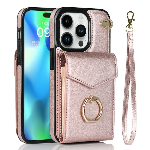 TECH CIRCLE Wallet Case for iPhone 14 Pro Max, PU Leather Case with Card Holder 360°Rotation Ring Kickstand  Protective Wrist Strap Case for Apple iPhone 14 Pro Max 6.7 inch, Rosegold