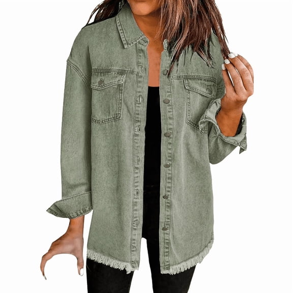 Women's Long Sleeve Button Up Frayed Hem Shacket fall Casual Drop Shoulder Button Front Jean Shacket with Pocket