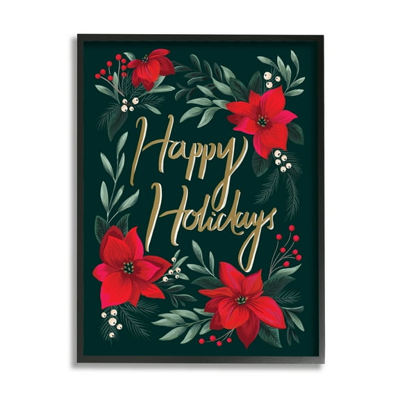 Stupell Industries Happy Holidays Greeting Red Winter Poinsettia Florals, 16 x 20, Design by Heather McLaughlin